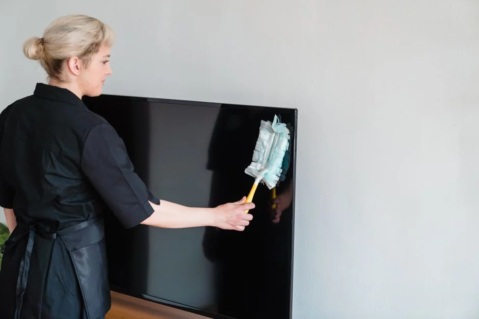 A woman carefully wraps a sofa in protective material while packing boxes in a bright room.
